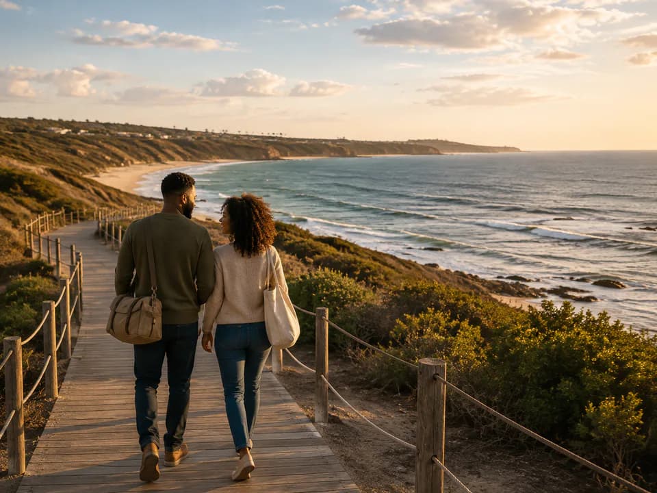 A couple walking together along a coastal path