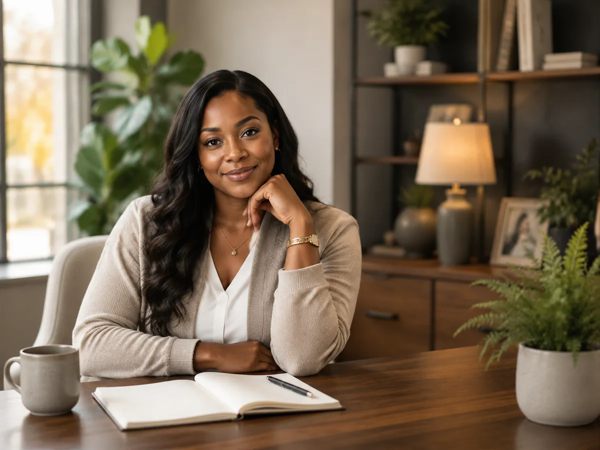 An approachable financial support professional in a warm office